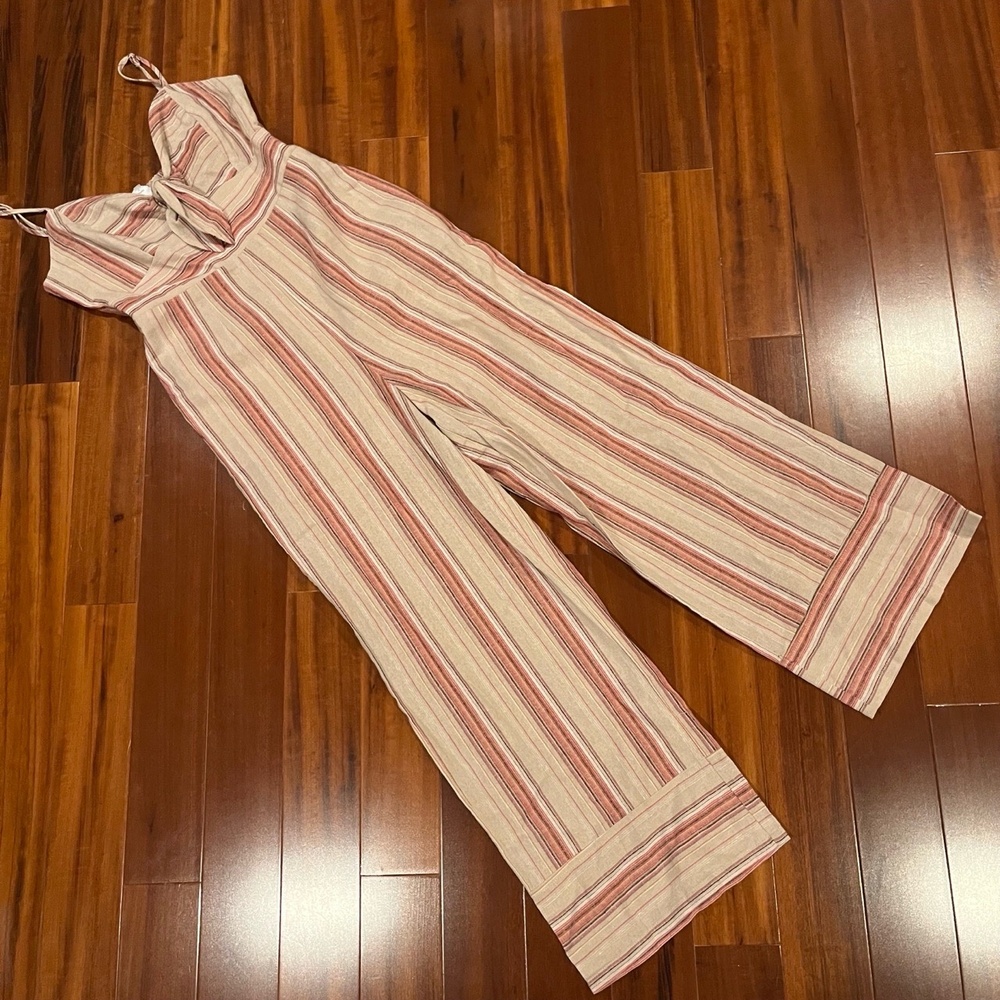 J.O.A. Linen Jumpsuit Stripe Wide Leg Beige Pink One Piece Tie Front‎ Casual XS